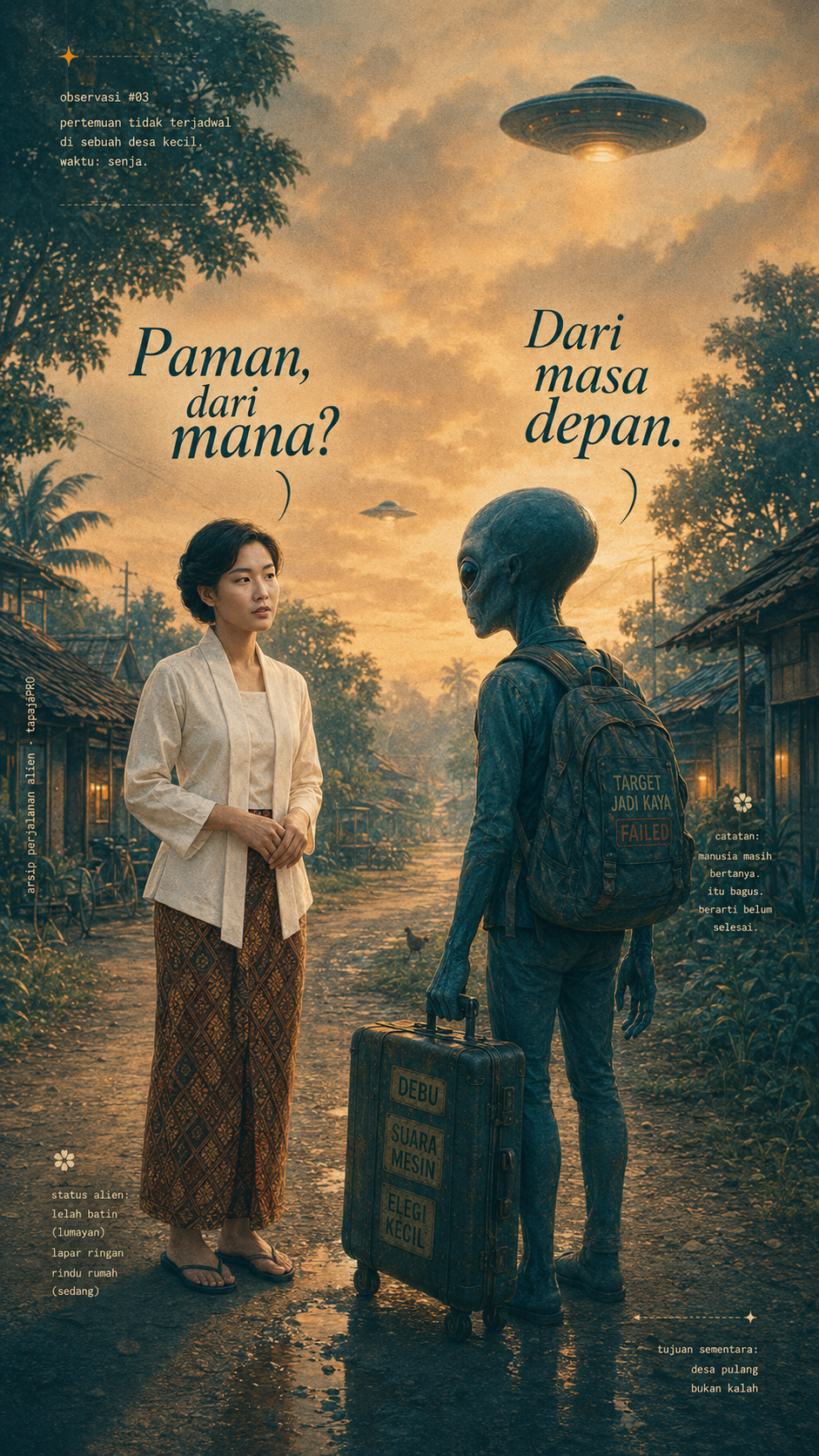 Paman datang dari masa depan bukan membawa kabar bahwa semuanya akan baik-baik saja.  Ia datang membawa koper tua, tubuh lelah, dan satu pesan yang pelan tapi tajam: tidak semua ambisi layak diteruskan hanya karena pernah kita sebut cita-cita.