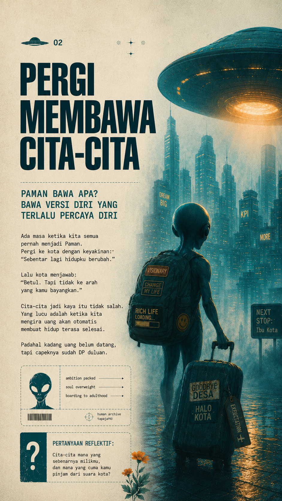 Di jalan desa sore itu, masa depan datang bukan sebagai cahaya kota. Ia datang sebagai alien lelah, membawa koper tua dan kabar kecil: tidak semua yang jauh membuatmu sampai.