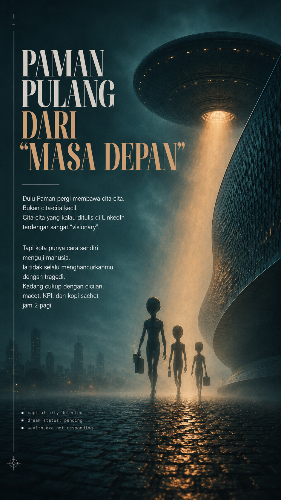 Masa depan datang bukan sebagai cahaya kota. Ia datang sebagai sosok lelah, membawa koper tua dan kabar kecil: tidak semua perjalanan jauh membuatmu sampai.