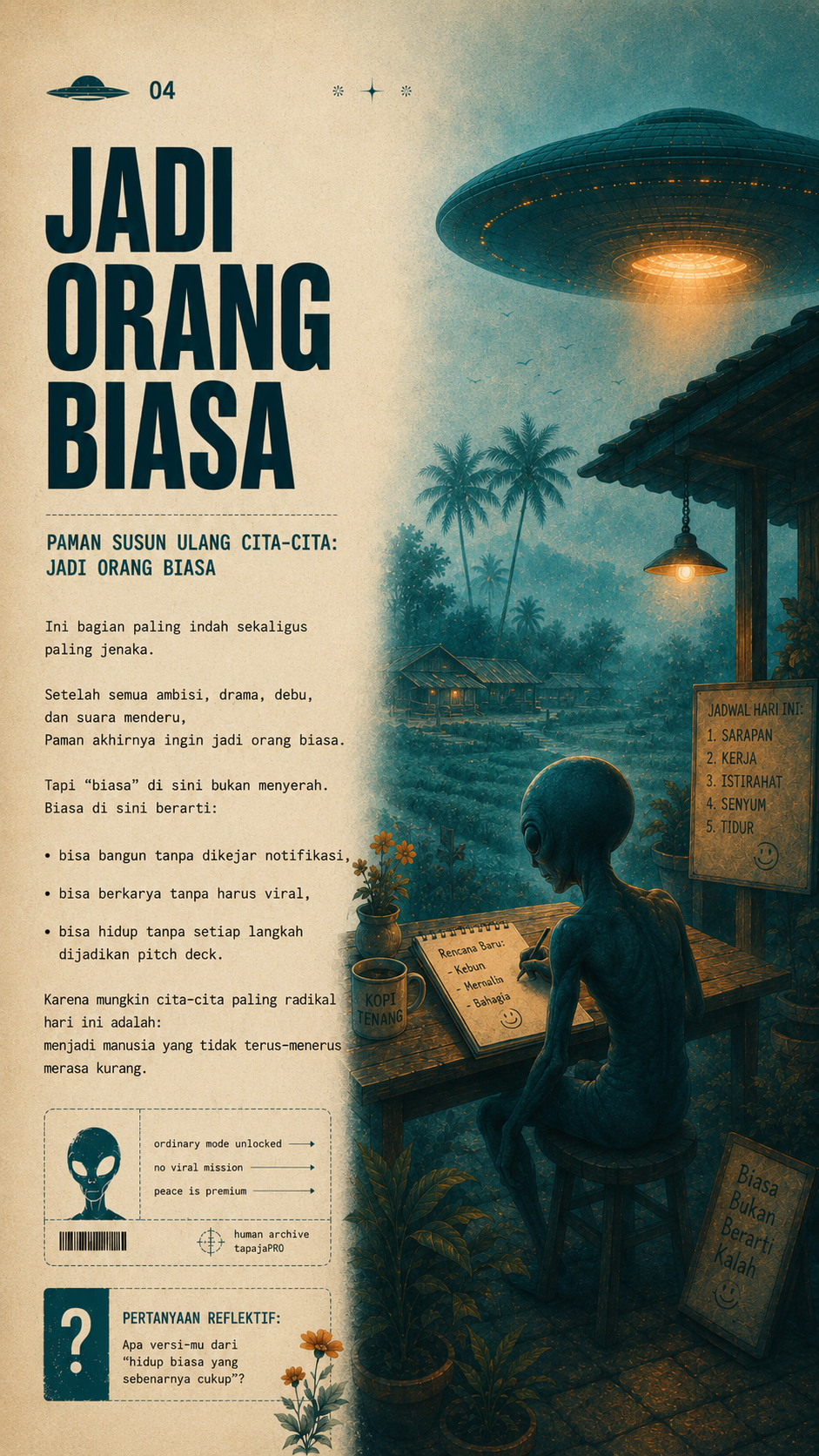 Di jalan desa sore itu, masa depan datang bukan sebagai cahaya kota. Ia datang sebagai alien lelah, membawa koper tua dan kabar kecil: tidak semua yang jauh membuatmu sampai.
