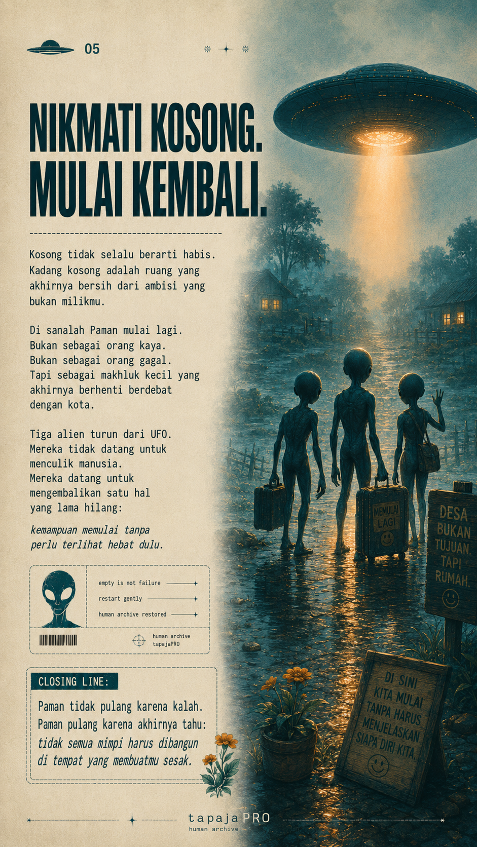 Di jalan desa sore itu, masa depan datang bukan sebagai cahaya kota. Ia datang sebagai alien lelah, membawa koper tua dan kabar kecil: tidak semua yang jauh membuatmu sampai.